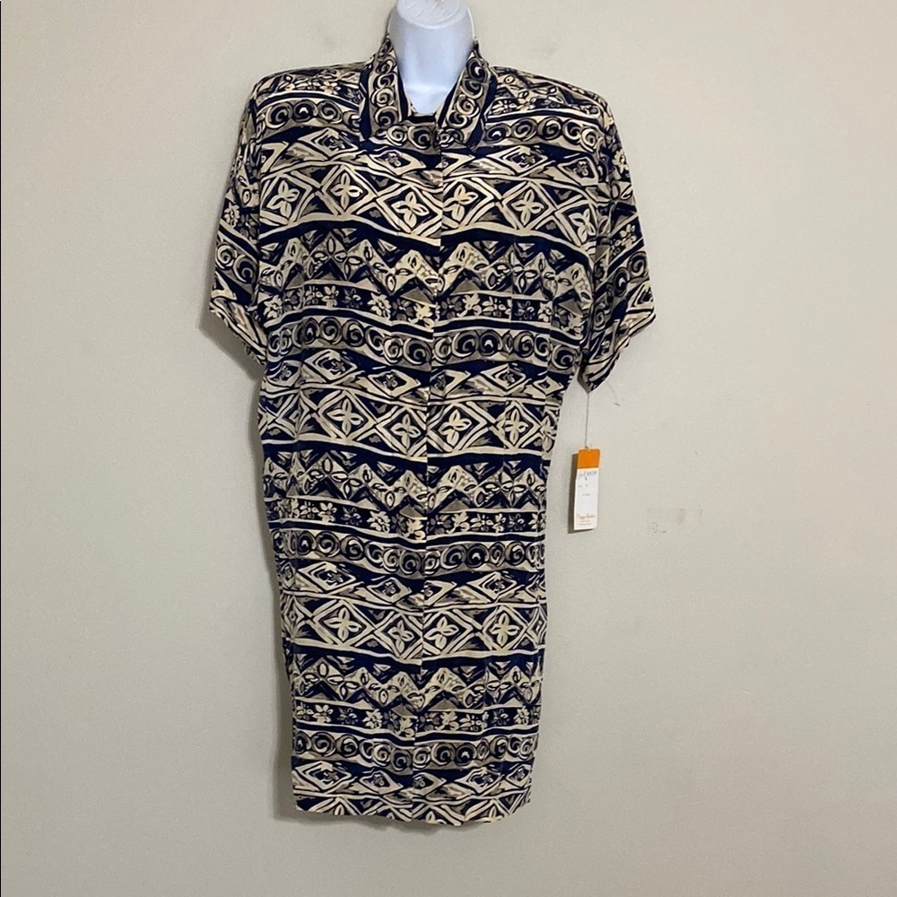 Maggy London navy beige shirt Dress women silk 6 button down soft vacation Y2K